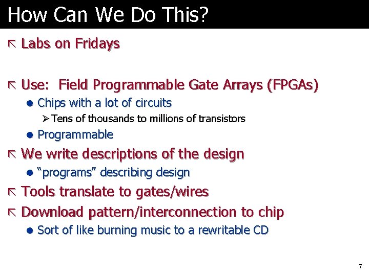 How Can We Do This? ã Labs on Fridays ã Use: Field Programmable Gate