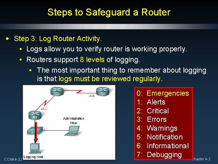 Steps to Safeguard a Router • Step 3: Log Router Activity. • Logs allow Steps to Safeguard a Router • Step 3: Log Router Activity. • Logs allow