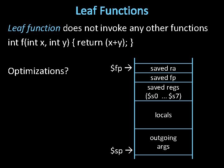 Leaf Functions Leaf function does not invoke any other functions int f(int x, int