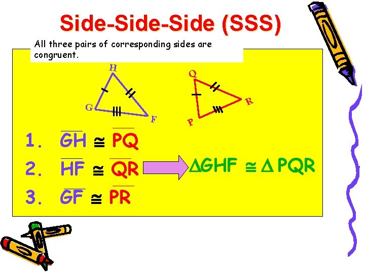 Side-Side (SSS) All three pairs of corresponding sides are congruent. H Q R G