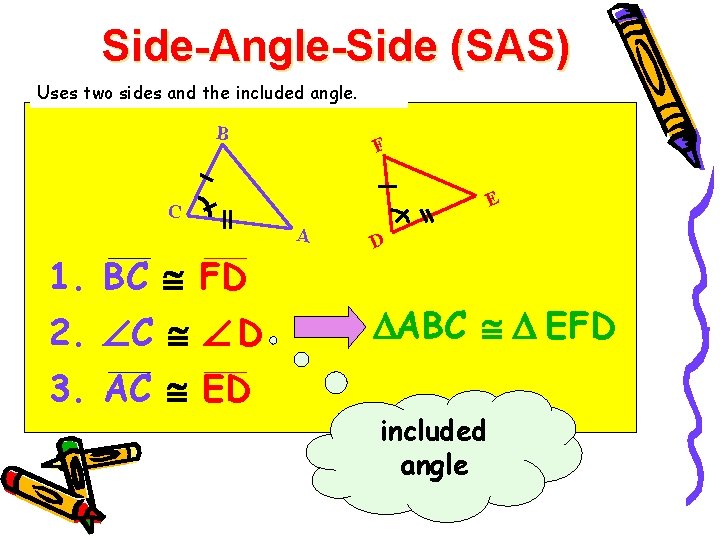 Side-Angle-Side (SAS) Uses two sides and the included angle. B F E C A