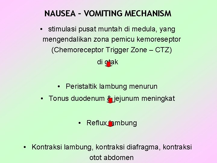 NAUSEA – VOMITING MECHANISM • stimulasi pusat muntah di medula, yang mengendalikan zona pemicu