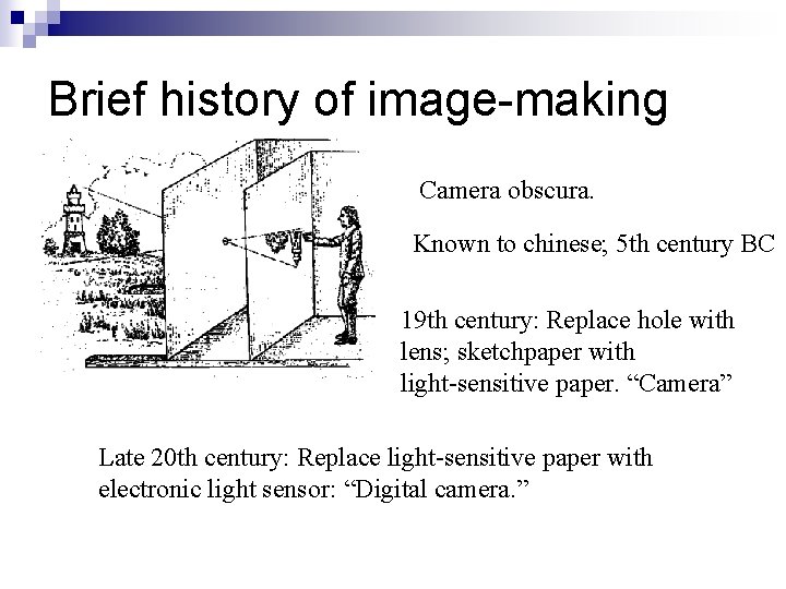 Brief history of image-making Camera obscura. Known to chinese; 5 th century BC 19