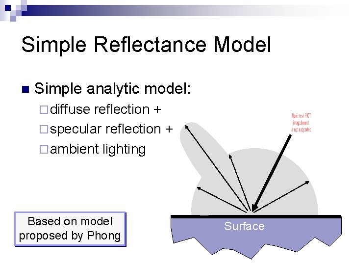 Simple Reflectance Model n Simple analytic model: ¨ diffuse reflection + ¨ specular reflection