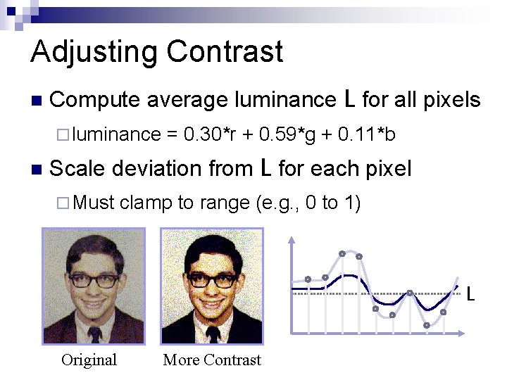 Adjusting Contrast n Compute average luminance L for all pixels ¨ luminance n =