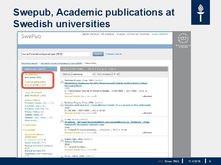 Swepub, Academic publications at Swedish universities JYU. Since 1863. 17. 4. 2018 6 