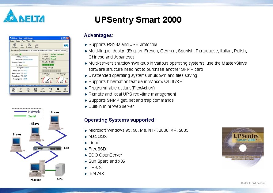 UPSentry Smart 2000 Advantages: Supports RS 232 and USB protocols Multi-lingual design (English, French,