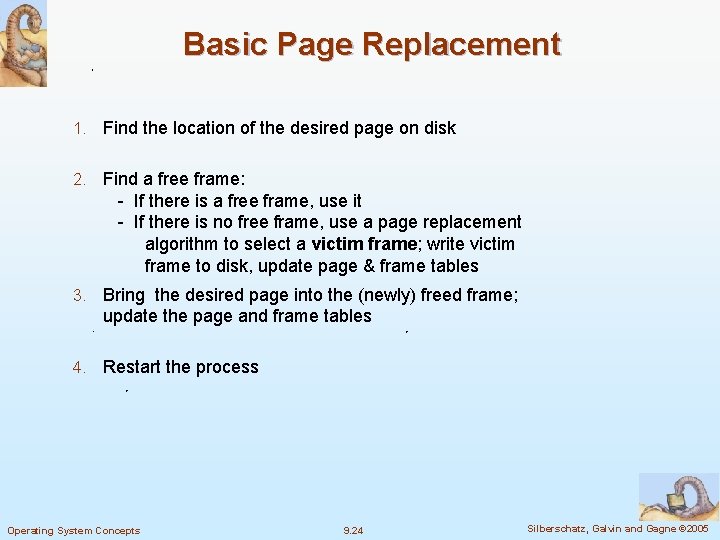 Basic Page Replacement 1. Find the location of the desired page on disk 2.