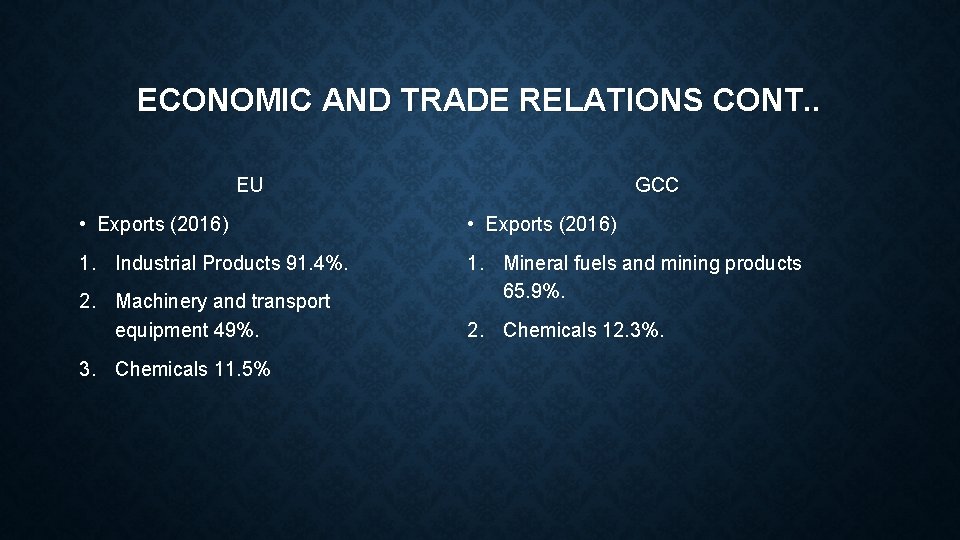 ECONOMIC AND TRADE RELATIONS CONT. . GCC EU • Exports (2016) 1. Industrial Products
