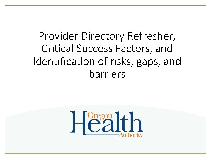 Provider Directory Refresher, Critical Success Factors, and identification of risks, gaps, and barriers 