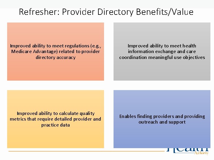 Refresher: Provider Directory Benefits/Value Improved ability to meet regulations (e. g. , Medicare Advantage)