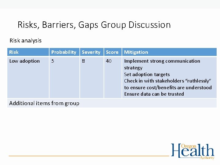 Risks, Barriers, Gaps Group Discussion Risk analysis Risk Probability Severity Score Mitigation Low adoption Risks, Barriers, Gaps Group Discussion Risk analysis Risk Probability Severity Score Mitigation Low adoption