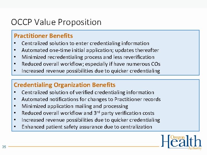 OCCP Value Proposition Practitioner Benefits • • • Centralized solution to enter credentialing information