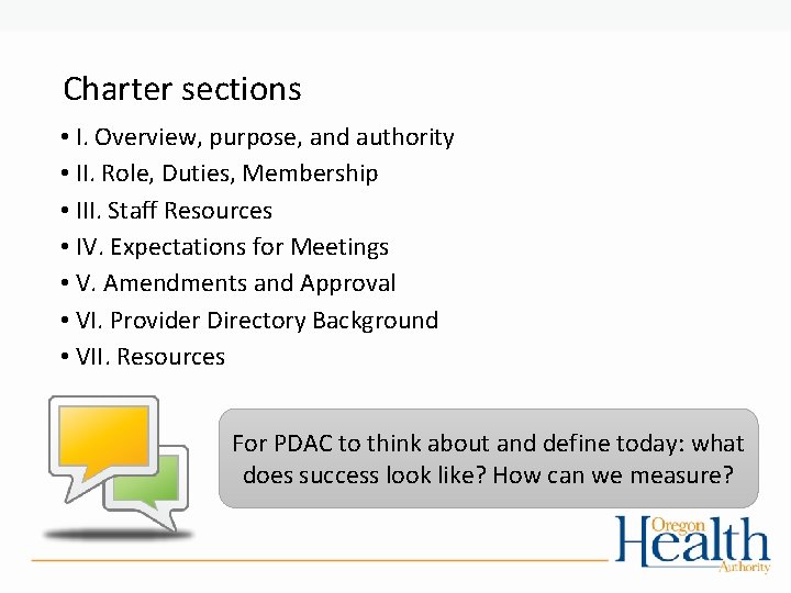 Charter sections • I. Overview, purpose, and authority • II. Role, Duties, Membership •