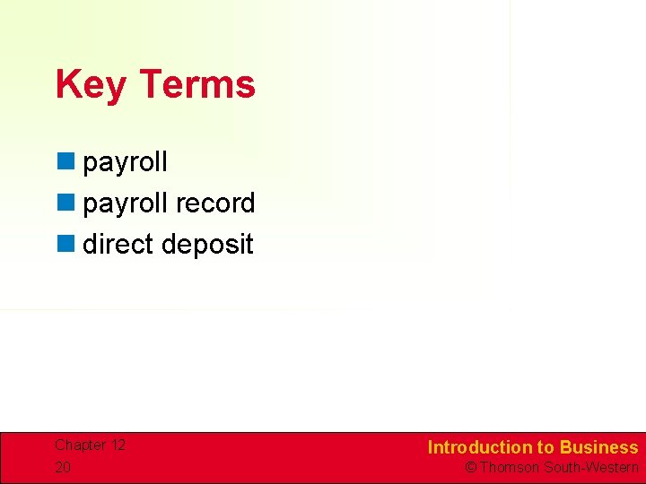 Key Terms n payroll record n direct deposit Chapter 12 20 Introduction to Business