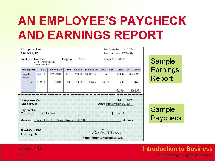 AN EMPLOYEE’S PAYCHECK AND EARNINGS REPORT Sample Earnings Report Sample Paycheck Chapter 12 24