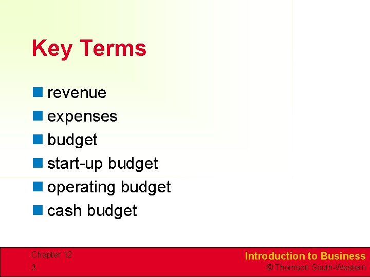 Key Terms n revenue n expenses n budget n start-up budget n operating budget