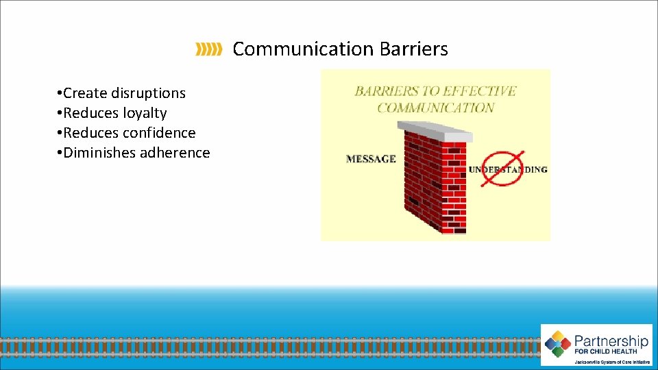 Communication Barriers • Create disruptions • Reduces loyalty • Reduces confidence • Diminishes adherence