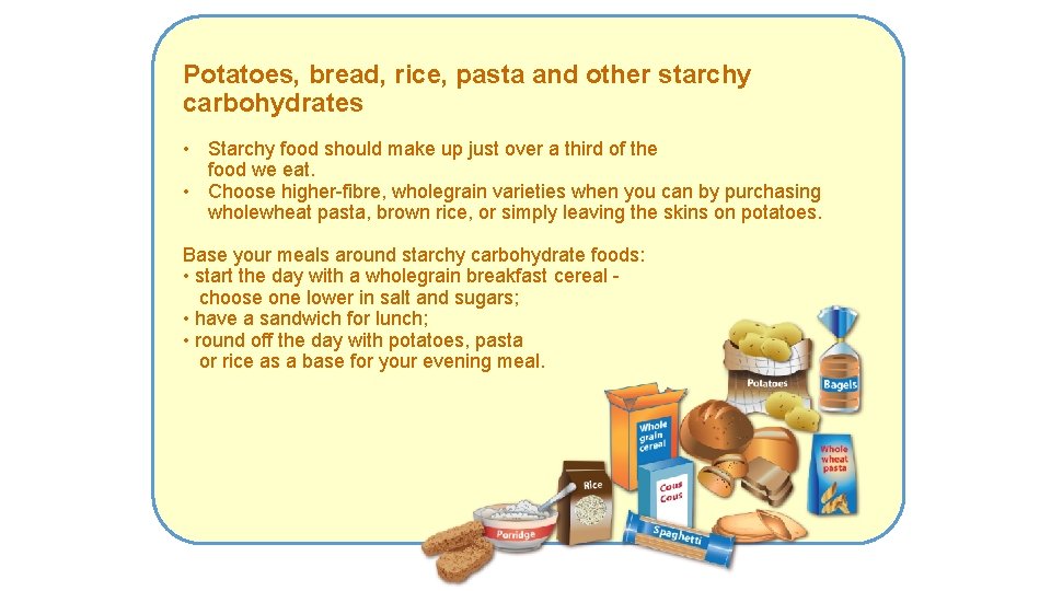 Potatoes, bread, rice, pasta and other starchy carbohydrates • Starchy food should make up