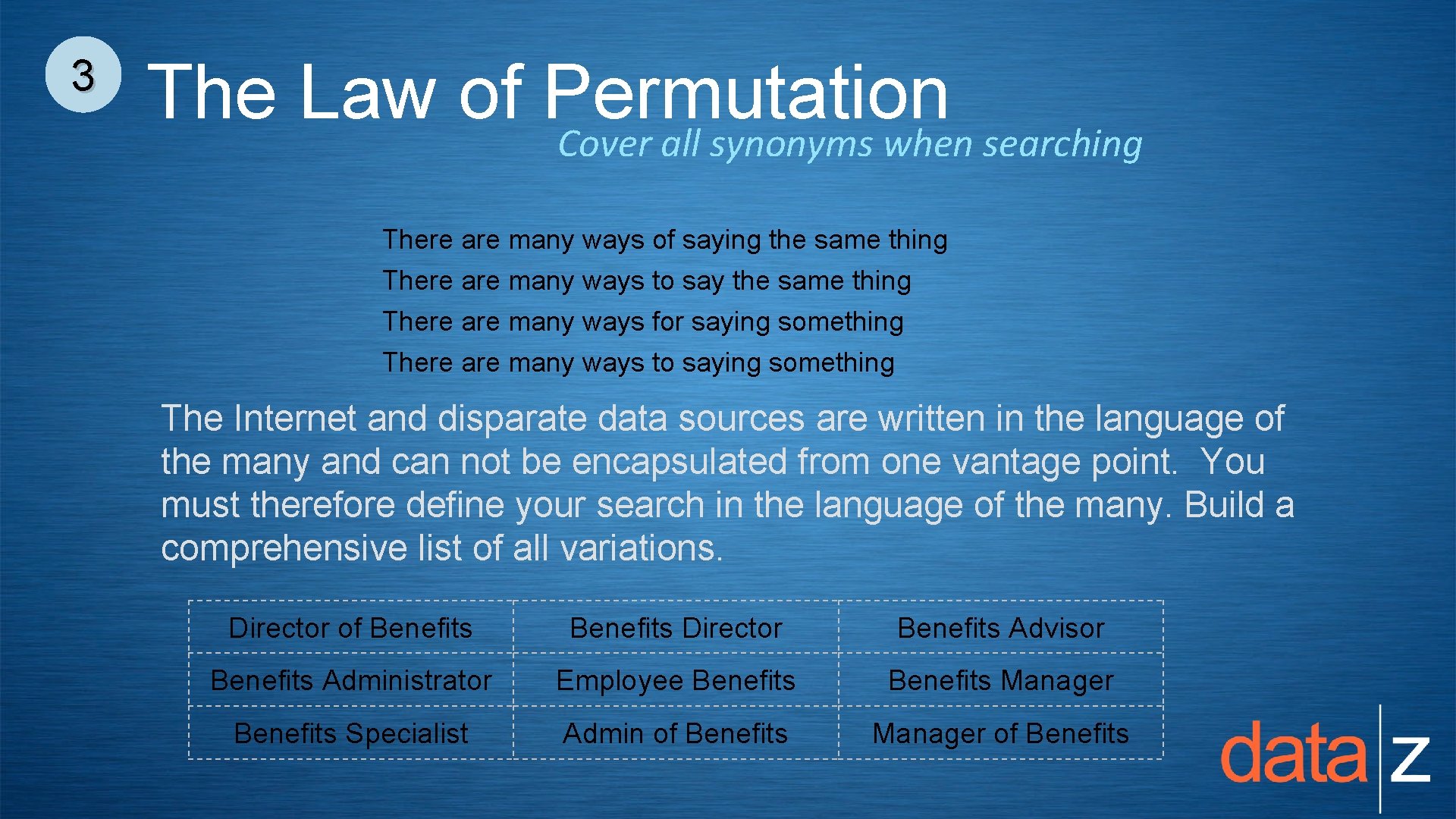 3 The Law of Permutation Cover all synonyms when searching There are many ways