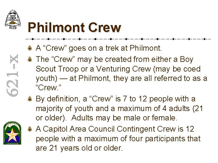 Philmont Crew A “Crew” goes on a trek at Philmont. The “Crew” may be Philmont Crew A “Crew” goes on a trek at Philmont. The “Crew” may be