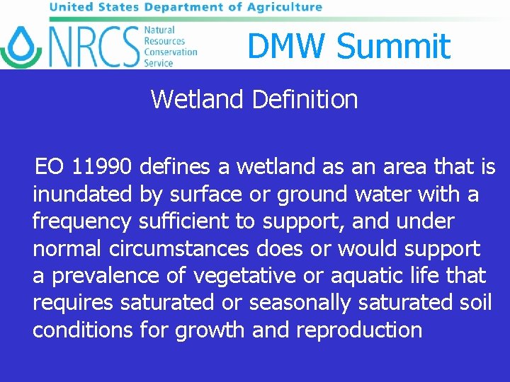 DMW Summit Wetland Definition EO 11990 defines a wetland as an area that is