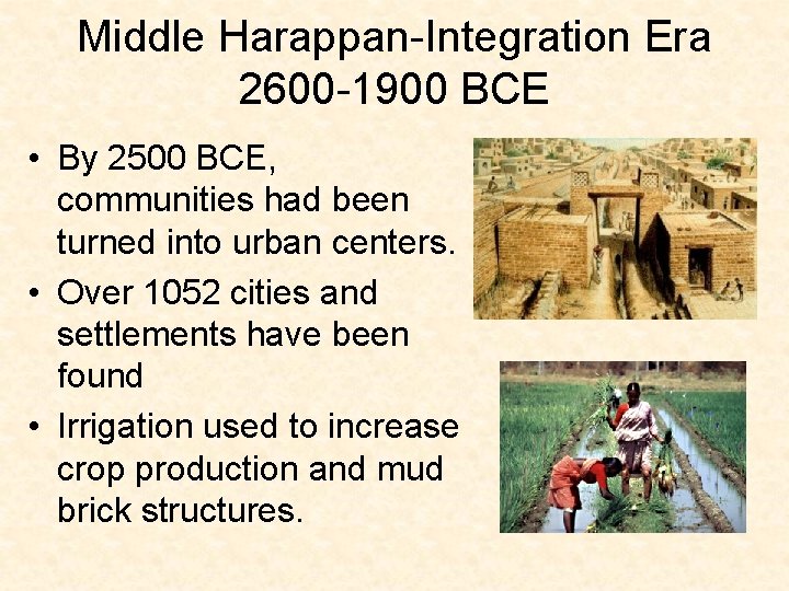 Middle Harappan-Integration Era 2600 -1900 BCE • By 2500 BCE, communities had been turned