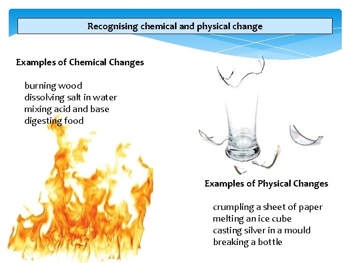 Recognising chemical and physical change Examples of Chemical Changes burning wood dissolving salt in