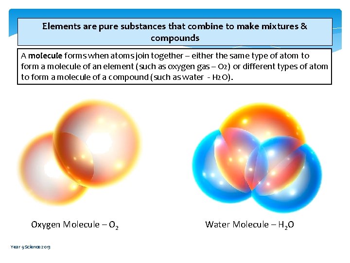 Elements are pure substances that combine to make mixtures & compounds A molecule forms Elements are pure substances that combine to make mixtures & compounds A molecule forms
