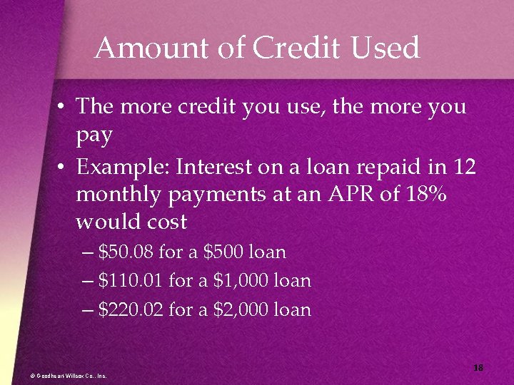 Amount of Credit Used • The more credit you use, the more you pay