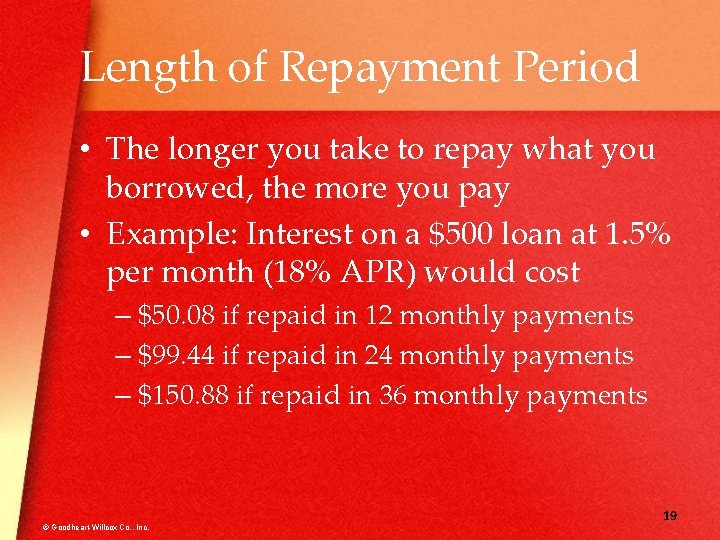 Length of Repayment Period • The longer you take to repay what you borrowed,