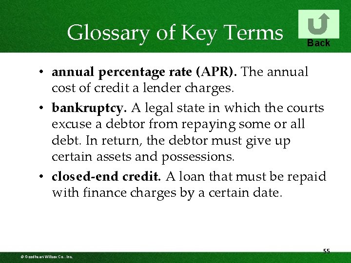 Glossary of Key Terms Back • annual percentage rate (APR). The annual cost of