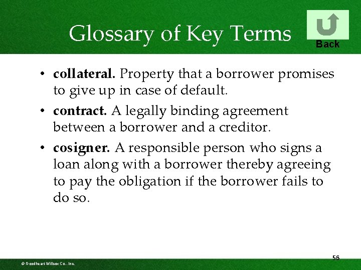 Glossary of Key Terms Back • collateral. Property that a borrower promises to give