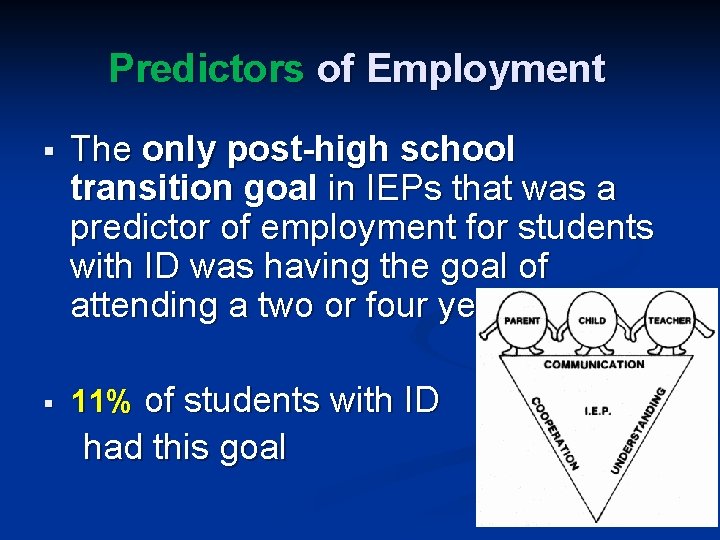 Predictors of Employment § § The only post-high school transition goal in IEPs that