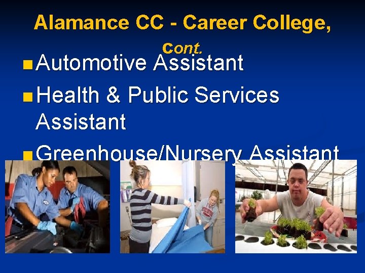 Alamance CC - Career College, cont. n Automotive Assistant n Health & Public Services