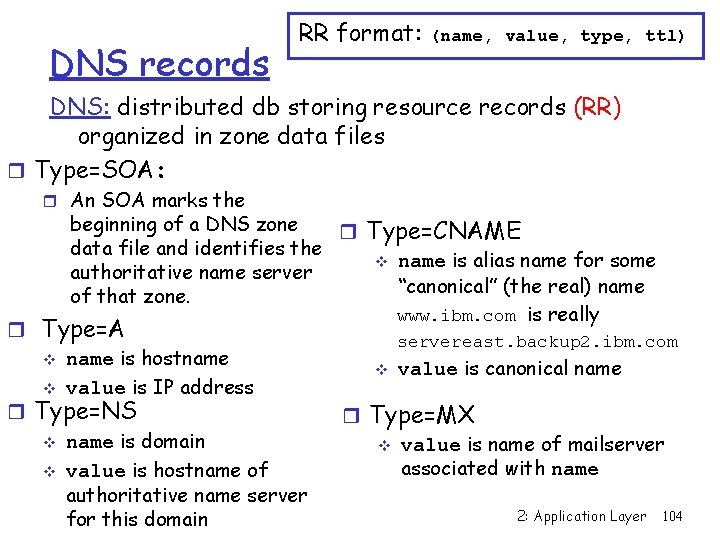DNS records RR format: (name, value, type, ttl) DNS: distributed db storing resource records