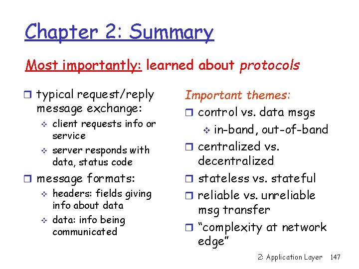Chapter 2: Summary Most importantly: learned about protocols r typical request/reply message exchange: v