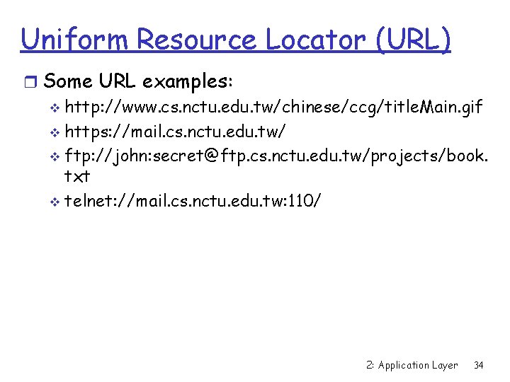 Uniform Resource Locator (URL) r Some URL examples: v http: //www. cs. nctu. edu.
