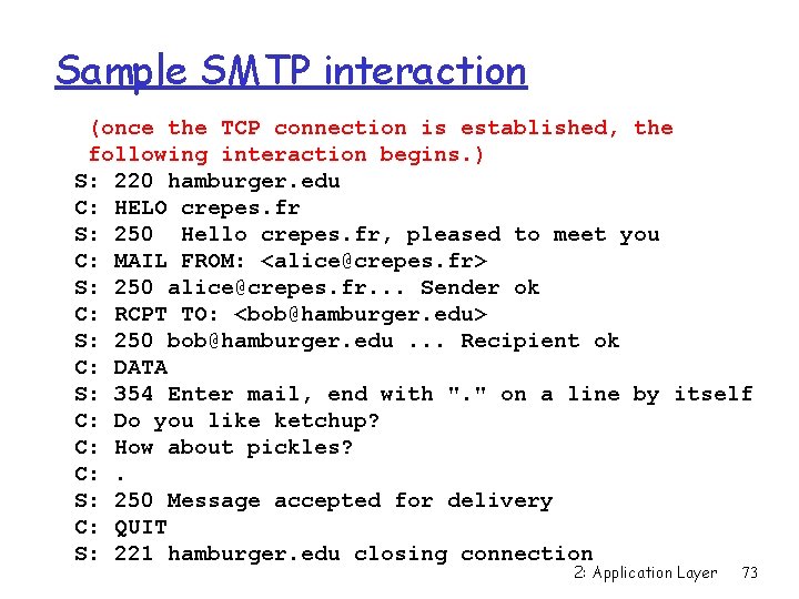 Sample SMTP interaction (once the TCP connection is established, the following interaction begins. )