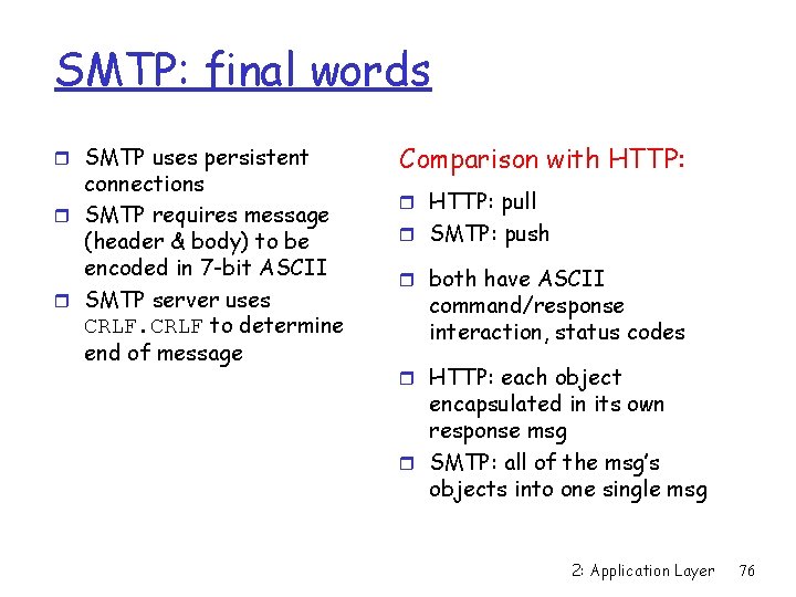 SMTP: final words r SMTP uses persistent connections r SMTP requires message (header &