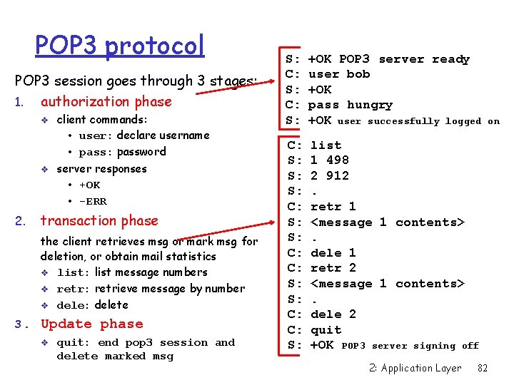 POP 3 protocol POP 3 session goes through 3 stages: 1. authorization phase v