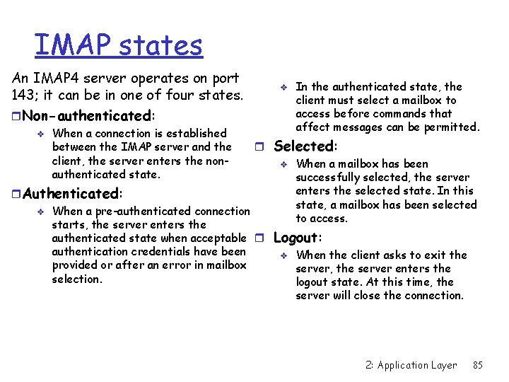 IMAP states An IMAP 4 server operates on port 143; it can be in