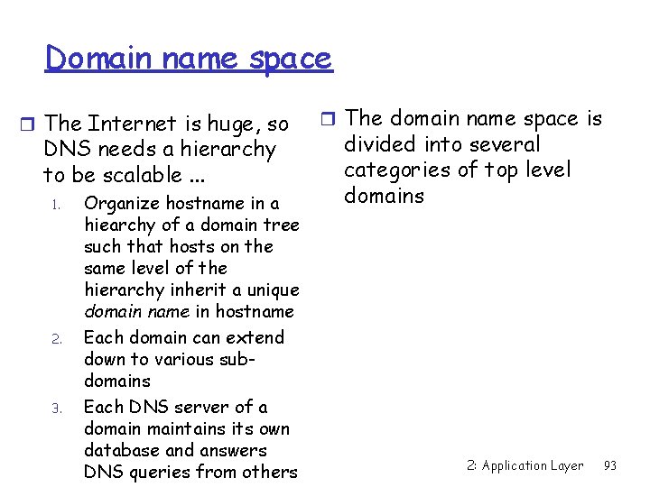 Domain name space r The Internet is huge, so DNS needs a hierarchy to