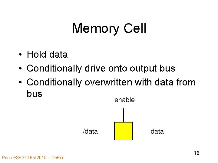 Memory Cell • Hold data • Conditionally drive onto output bus • Conditionally overwritten