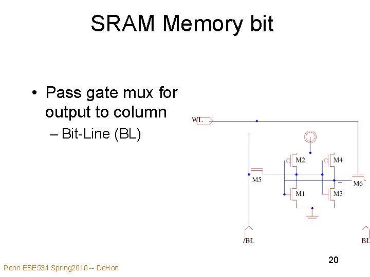 SRAM Memory bit • Pass gate mux for output to column – Bit-Line (BL)