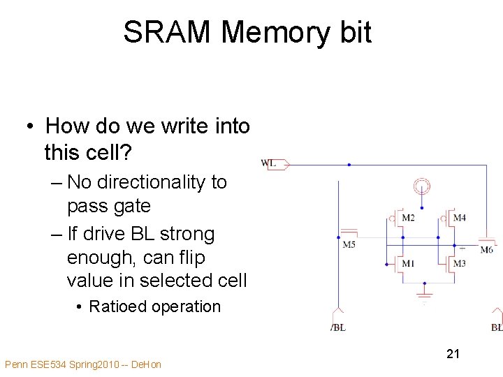 SRAM Memory bit • How do we write into this cell? – No directionality