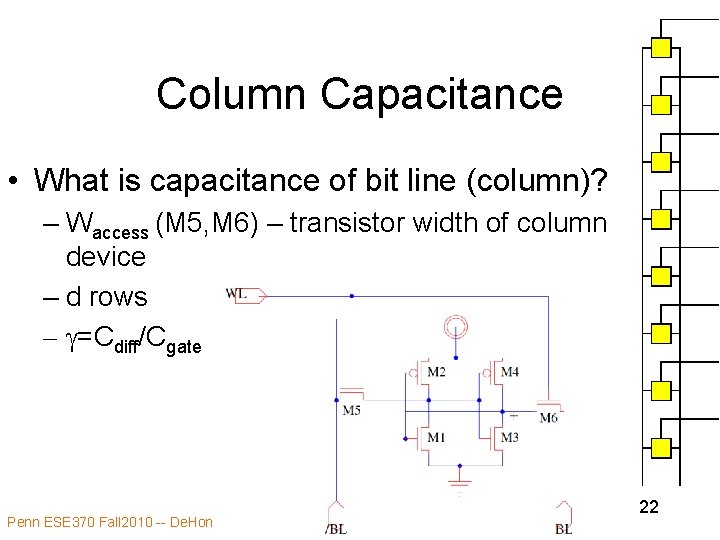 Column Capacitance • What is capacitance of bit line (column)? – Waccess (M 5,