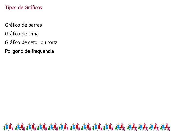 Tipos de Gráficos Gráfico de barras Gráfico de linha Gráfico de setor ou torta