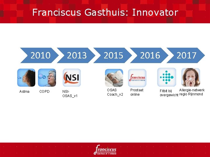 Franciscus Gasthuis: Innovator 2010 Astma COPD 2013 NSIOSAS_v 1 2015 OSAS Coach_v 2 2016