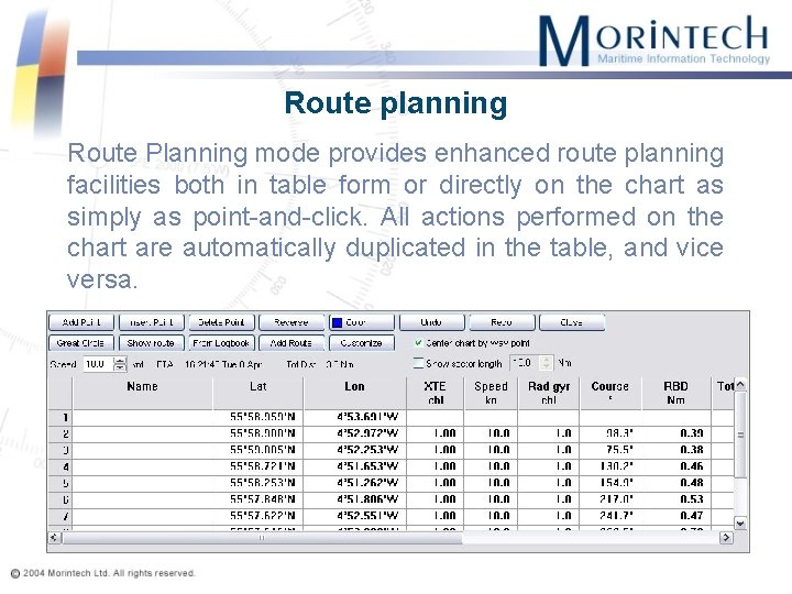 Route planning Route Planning mode provides enhanced route planning facilities both in table form